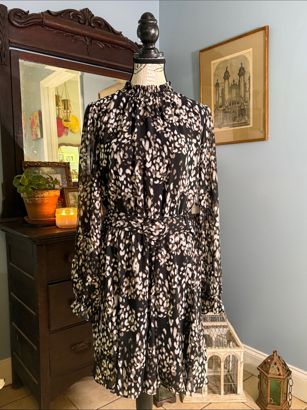 NWT Nine West Belted Mock Neck Animal Print Mini Dress Medium - Picture 2 of 15